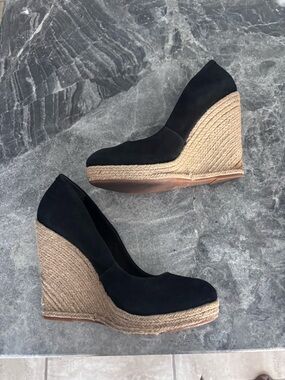 SCHUTZ Black Suede Espadrille Wedge Pumps